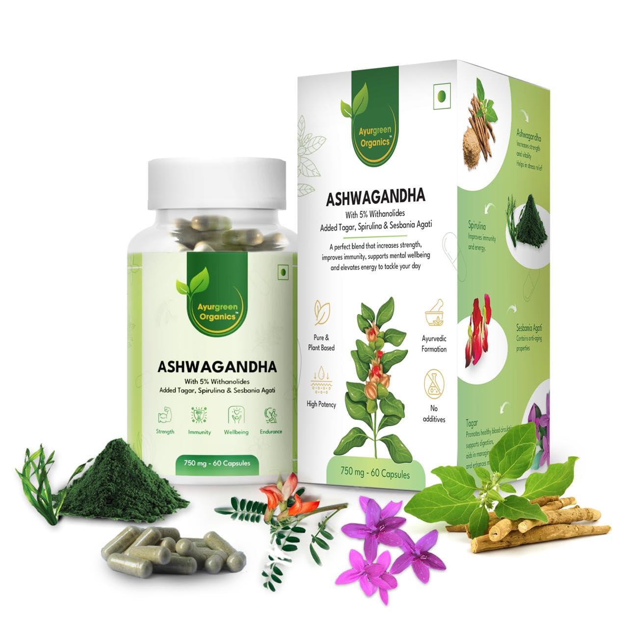 Ayurgreen Organics Ashwagandha 750mg | 60 Veg Capsules | Enriched with Tagar, Spirulina & Sesbania Agati | 5% Withanolides | Pure & Plant-Based Ayurvedic Supplement for Stress Relief, Energy & Immunity