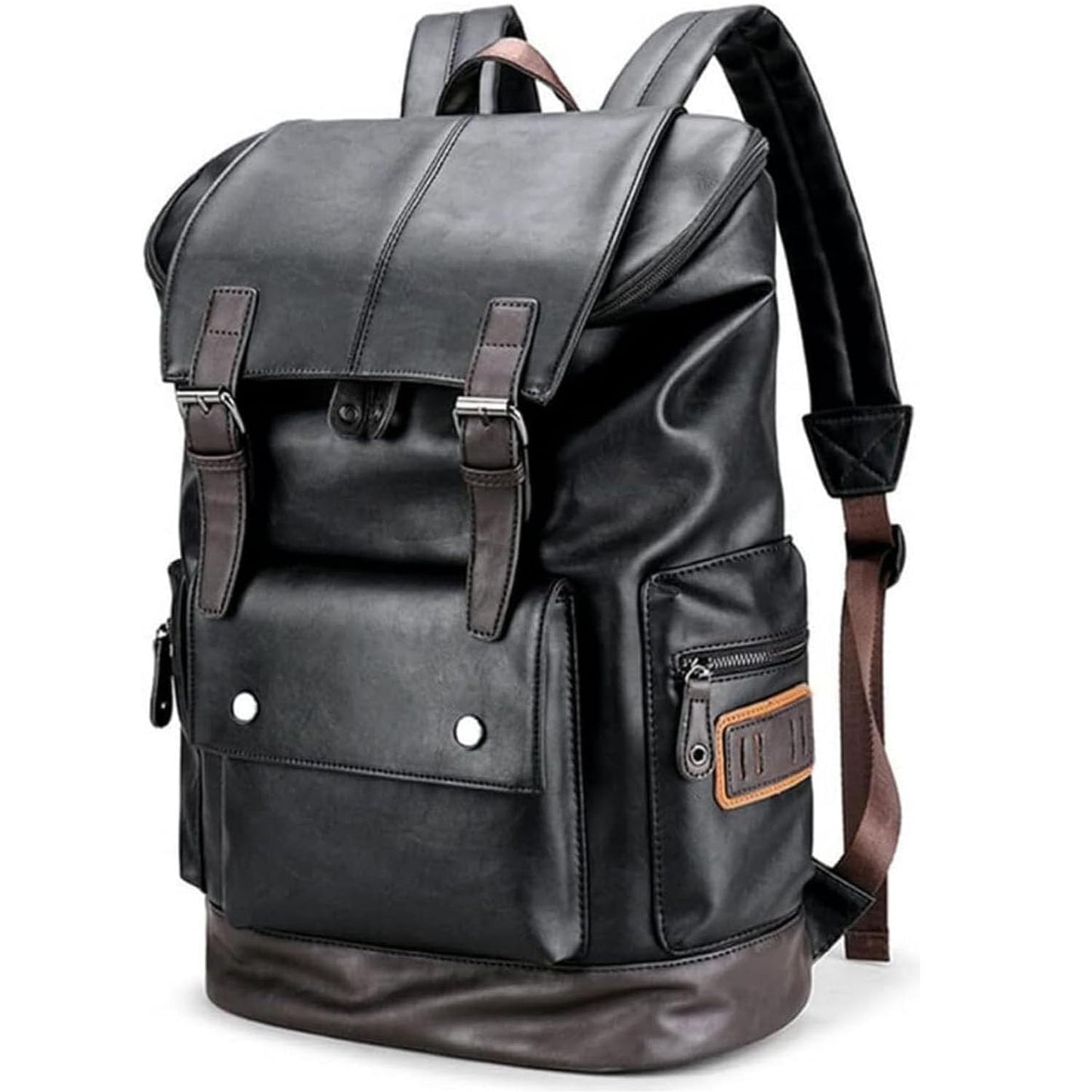 CHAO RAN Vintage Leather Laptop Backpack For Men, Men Black Leather Backpack…, Black, Large, College Travel Backapck