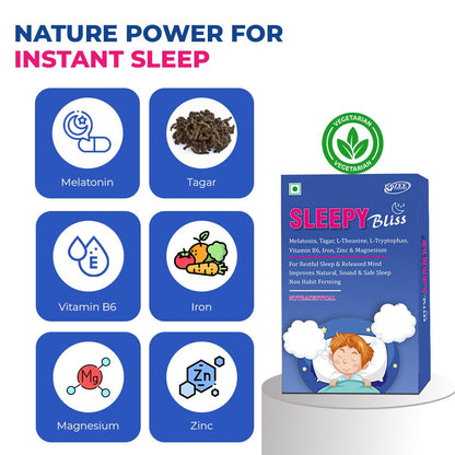 Sleepy Bliss Melatonin 10mg with Tagar Extract 100mg | Natural Sleep Aid Supplement for Men & Women | Deep & Restful Sleep | Non-Habit Forming | 30 Veg Tablets - Pack of 02