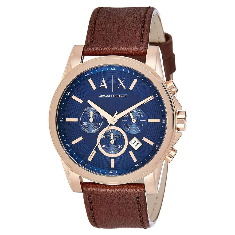Armani Exchange A|X Men's Rose Goldtone Brushed Stainless Steel Brown Leather Analog Watch Dial Color-Pink, Band Color-Gold