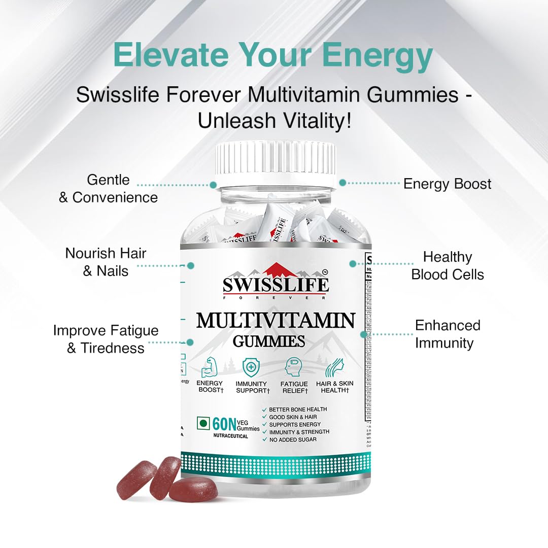 SWISSLIFE FOREVER Multivitamin Gummies | Micronutrients Vitamin C,A,D,E,B6,B9,B12 | Sugar-free | Enhances Immunity and Overall Health | Strawberry Flavour for Men & Women (60 Gummies)