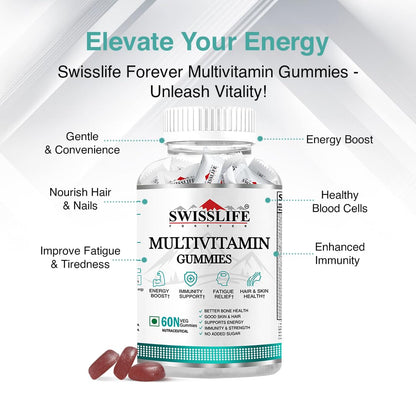 SWISSLIFE FOREVER Multivitamin Gummies | Micronutrients Vitamin C,A,D,E,B6,B9,B12 | Sugar-free | Enhances Immunity and Overall Health | Strawberry Flavour for Men & Women (60 Gummies)