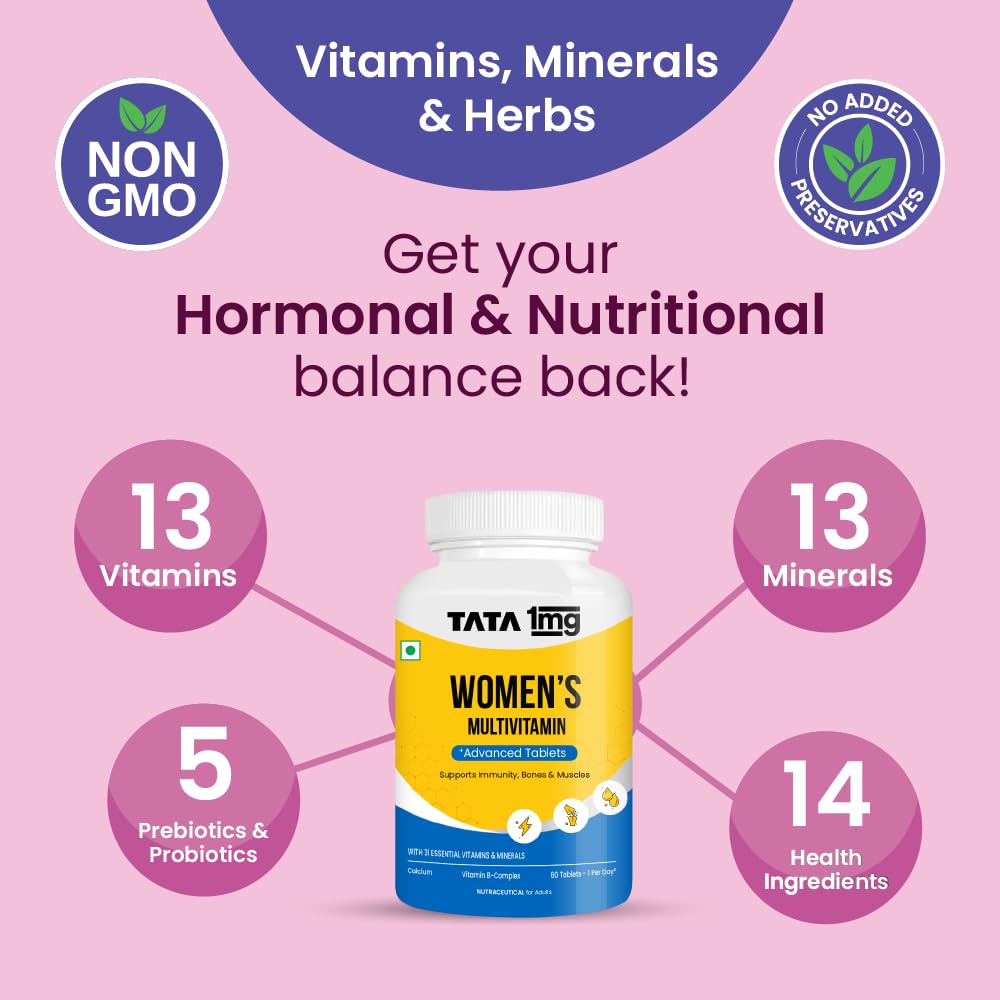 Tata 1mg Women's Multivitamin Veg Tablet with Zinc, Vitamin C, Calcium, Vitamin D and Iron, Support Health Protection, Bones & Overall Health (Pack Of 60 Tablets)