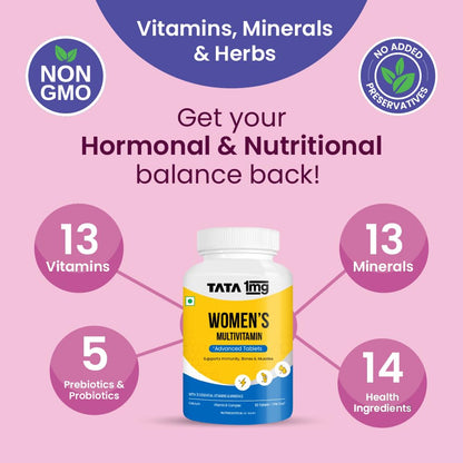 Tata 1mg Women's Multivitamin Veg Tablet with Zinc, Vitamin C, Calcium, Vitamin D and Iron, Support Health Protection, Bones & Overall Health (Pack Of 60 Tablets)