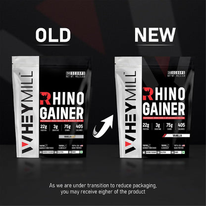 WHEYMILL Rhino Mass/Weight Gainer with Creatine Monohydrate | 1 Kg/2.2 Lb |30 Scoops, 380 Kcal, 22G Protein, 3G Creatine | Advance Gaining Formula | Vanilla,Powder