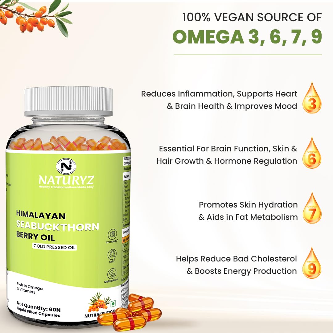 NATURYZ Himalayan Sea Buckthorn Berry Oil Triple Strength 1120mg | Liquid fill Technology for High Absorption & Bioavailability | Full Spectrum Cold-Pressed Vegetarian Omega 7 + Omega 3-6-9 | Skin Glow, Immunity & Gut Health Supplement | Gentler on Stomac