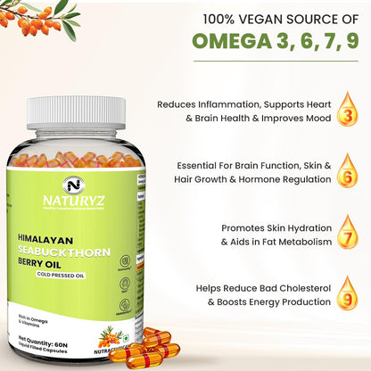 NATURYZ Himalayan Sea Buckthorn Berry Oil Triple Strength 1120mg | Liquid fill Technology for High Absorption & Bioavailability | Full Spectrum Cold-Pressed Vegetarian Omega 7 + Omega 3-6-9 | Skin Glow, Immunity & Gut Health Supplement | Gentler on Stomac