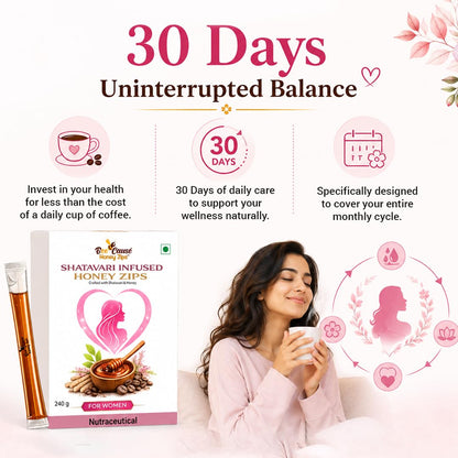 BeeCause Shatavari Infused Honey | Ayurvedic Shatavari for Women Wellness & Daily Vitality | Supports Hormonal Balance & Healthy Cycles | Non-Hormonal Women’s Wellness Zip | Travel Friendly 30 Zips (240g)