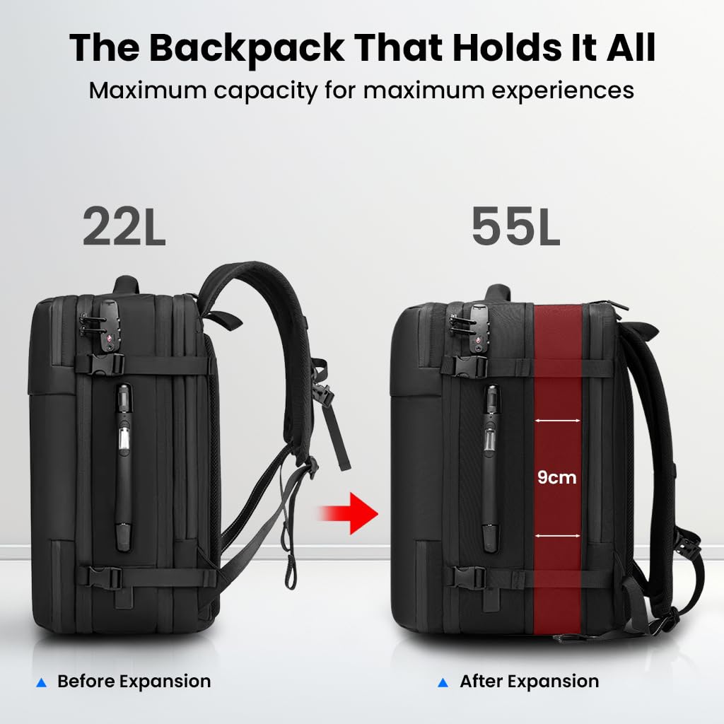 TECPHILE AirPack Backpack with Vacuum Compression 60L Large Capacity Expandable Bag, 19” Laptop Compartment, Waterproof, TSA Lock, Anti-Theft, Charging Port Electronic Weighing Handle (with Pump)