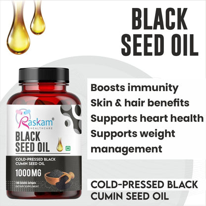 Pure Organic Cold-Pressed Black Seed Oil Softgels - Non-GMO Pure Nigella Sativa Black Cumin Seed Oil for Beauty Immunity & Overall Wellness Support - Thymoquinone-Rich 1000mg Serving 100 softgels