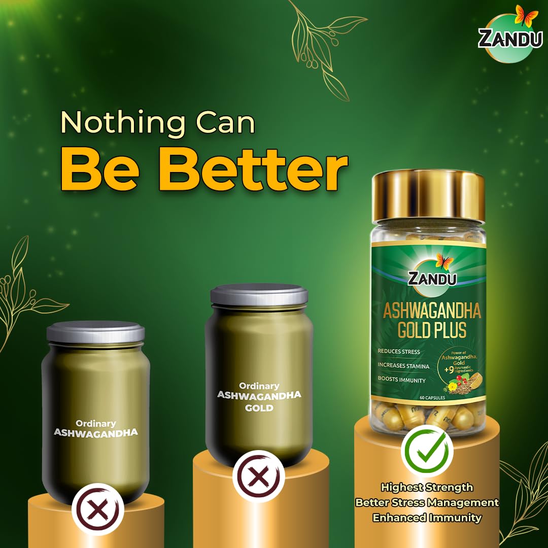 Zandu Ashwagandha Gold Plus | Made with Gold, Ashwagandha, Safed Musli, Shilajit & Other Ayurvedic Ingredients | Helps to Boost Stamina, Strengthens Immunity | 60 Caps