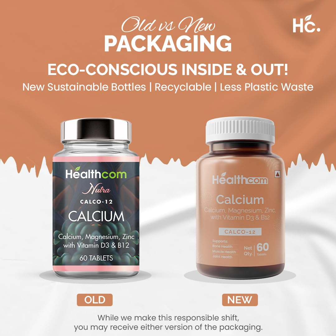 Healthcom Nutra CALCO-12 Calcium 60 Tablets Pack | Magnesium, Zinc With Vitamin D3 & B12 Capsule for Men & Women | For Stronger Bones, Immunity Improves Joints & Muscles Metabolism