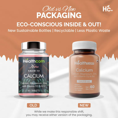 Healthcom Nutra CALCO-12 Calcium 60 Tablets Pack | Magnesium, Zinc With Vitamin D3 & B12 Capsule for Men & Women | For Stronger Bones, Immunity Improves Joints & Muscles Metabolism