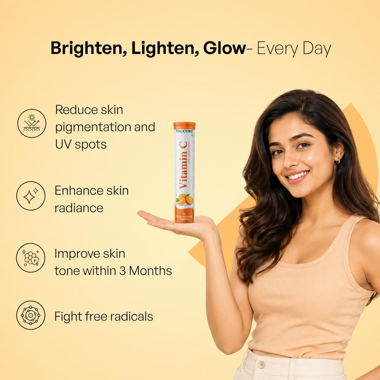 VACCURE Vitamin C Effervescent Tablet, 20 Count, with L-Glutathione, Gluten Free, Orange Flavor, for Skin Brightening, Adults