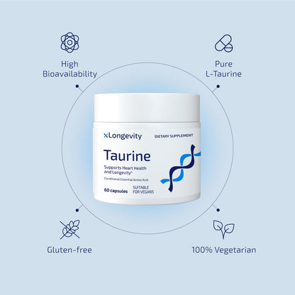 xLongevity L Taurine 1000 mg Supplement - 60 Veg Capsules for Men & Women | Lab-Tested, Muscle Recovery Support, Energy, Brain, Heart, Eye Health & Immunity - 2 tablets per day (500 mg each)