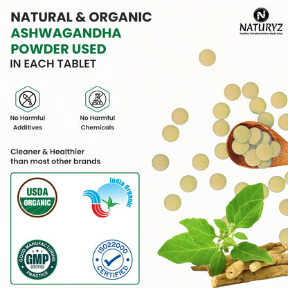 NATURYZ Organic Ashwagandha Highest Strength 1200mg tablets | Supports Stress Relief, Energy, Immunity & Muscle Recovery | Rejuvenate Mind & Body for Men & Women | Non-GMO, Vegan, Gluten-Free | USDA Organic Certified | Pesticides & Chemical Free - 60 Veg
