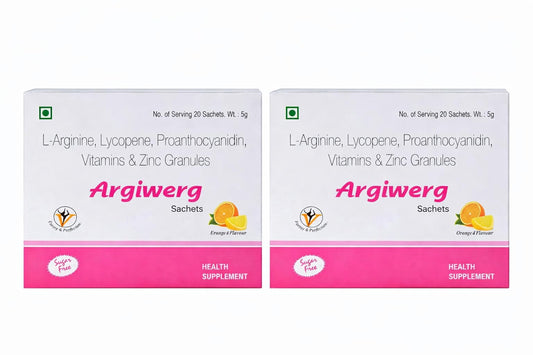Argiwerg L-Arginine, Lycopene, Proanthocyanidin, Vitamins & Zinc Granules Sachets for Men & Women | Energy, Stamina & Antioxidant Support Drink Mix | Orange Flavour | 20 Sachets (Pack of 2)