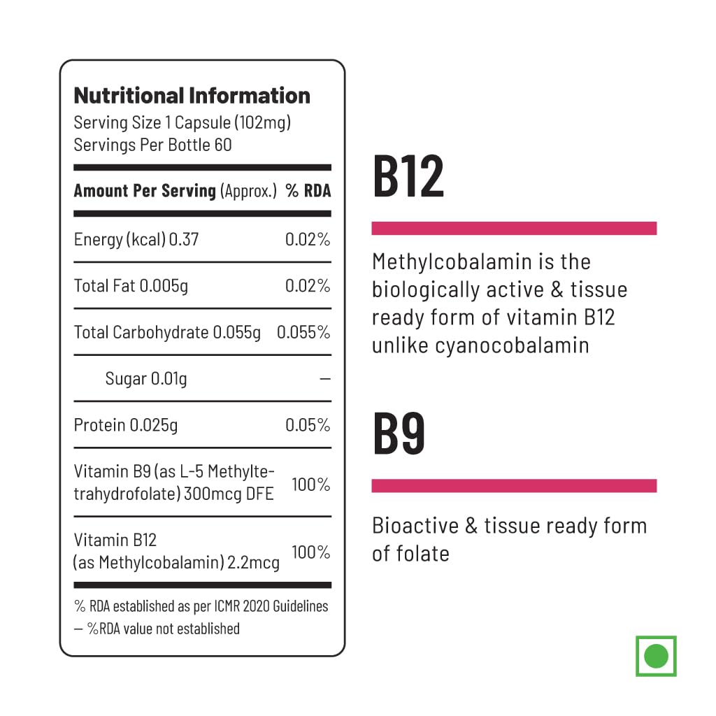 Unived Basics B12+Folate | Vitamin B12 (Methylcobalamin) with 5-MTHF Bi- image 5