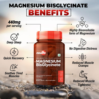 Neulife Magnesium Bisglycinate 440 mg Supplement | High Absorption-High Potency Formula | Supports Sleep, Recovers Muscles | (60tabs)