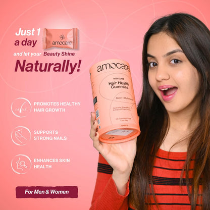 Amocare Biotin Hair Gummies (60 Gummies) | For Healthy Hair, Nails and Skin | With Biotin, Zinc, Vitamin B12, E, D2 and Calcium | Strawberry Flavour | Vegan and Gluten Free