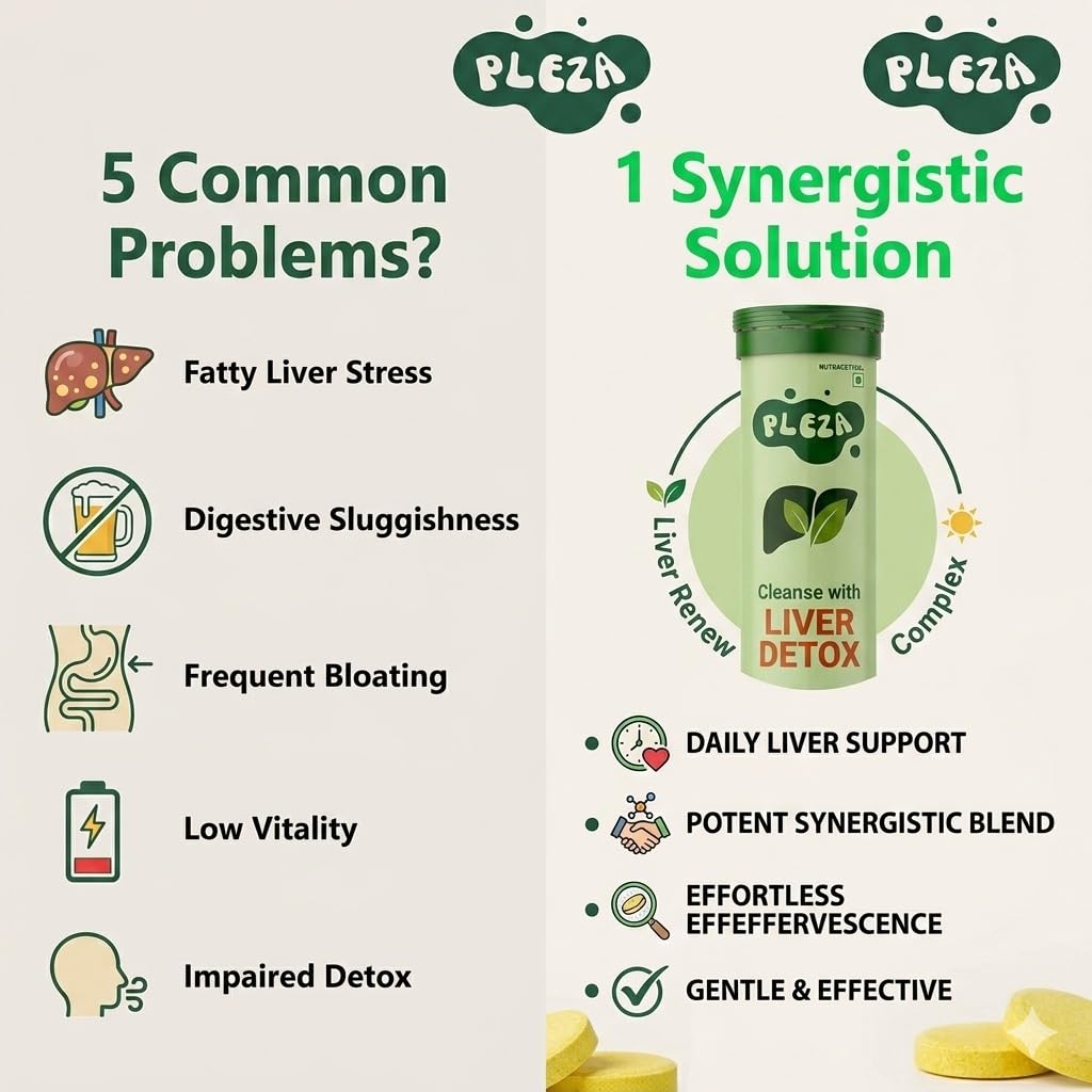 Pleza Liver Detox Plant based Supplement | 250mg Milk Thistle, 600mg NAC, Turmeric & 10 Superherbs with Vitamin C | Liver Cleanse, Toxin Flush & Gut Support | No Sugar, Vegan | Lemon Flavour | 20 Effervescent Tablets