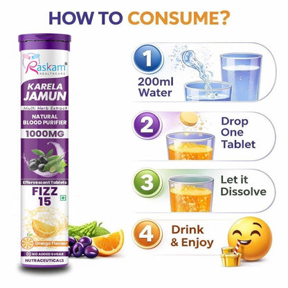 Raskam Karela Jamun Effervescent Tablets | Helps in High Sugar Condition|Promotes Healthy Glucose Levels | Boosts Digestive Health| Supports Daily Blood Sugar Management & Insulin Function| Orange Flavor, Pack of 4