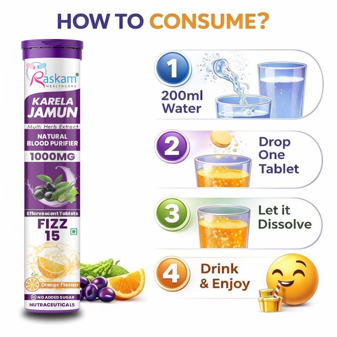 Raskam Karela Jamun Effervescent Tablets | Helps in High Sugar Condition|Promotes Healthy Glucose Levels | Boosts Digestive Health| Supports Daily Blood Sugar Management & Insulin Function| Orange Flavor (15)