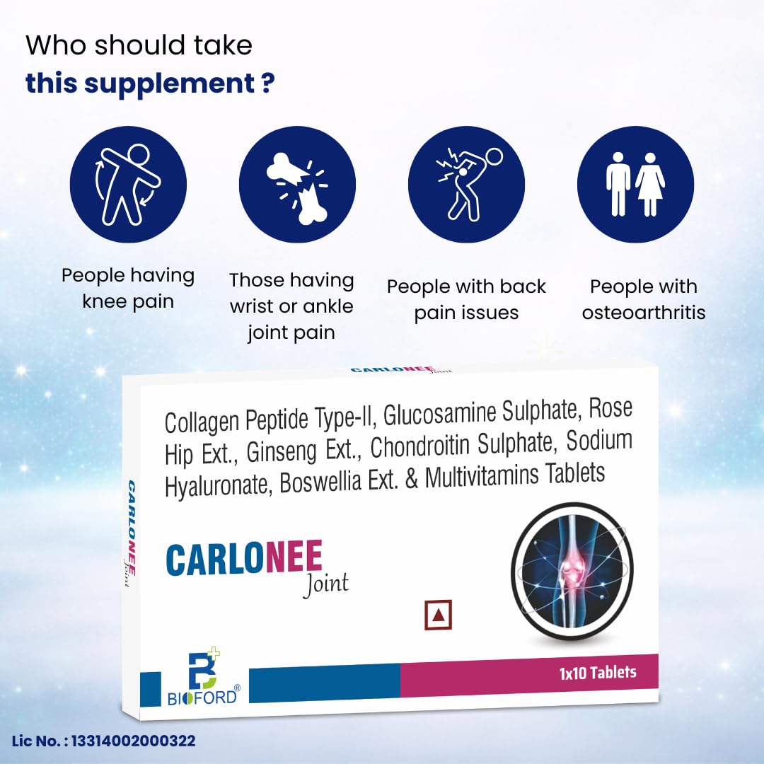 Bioford Carlonee Joint Tablets | Collagen Peptide, Glucosamine, Chondroitin, Hyaluronate | Knee, Neck, Back & Full Body Joint Pain Relief | Pack of 1