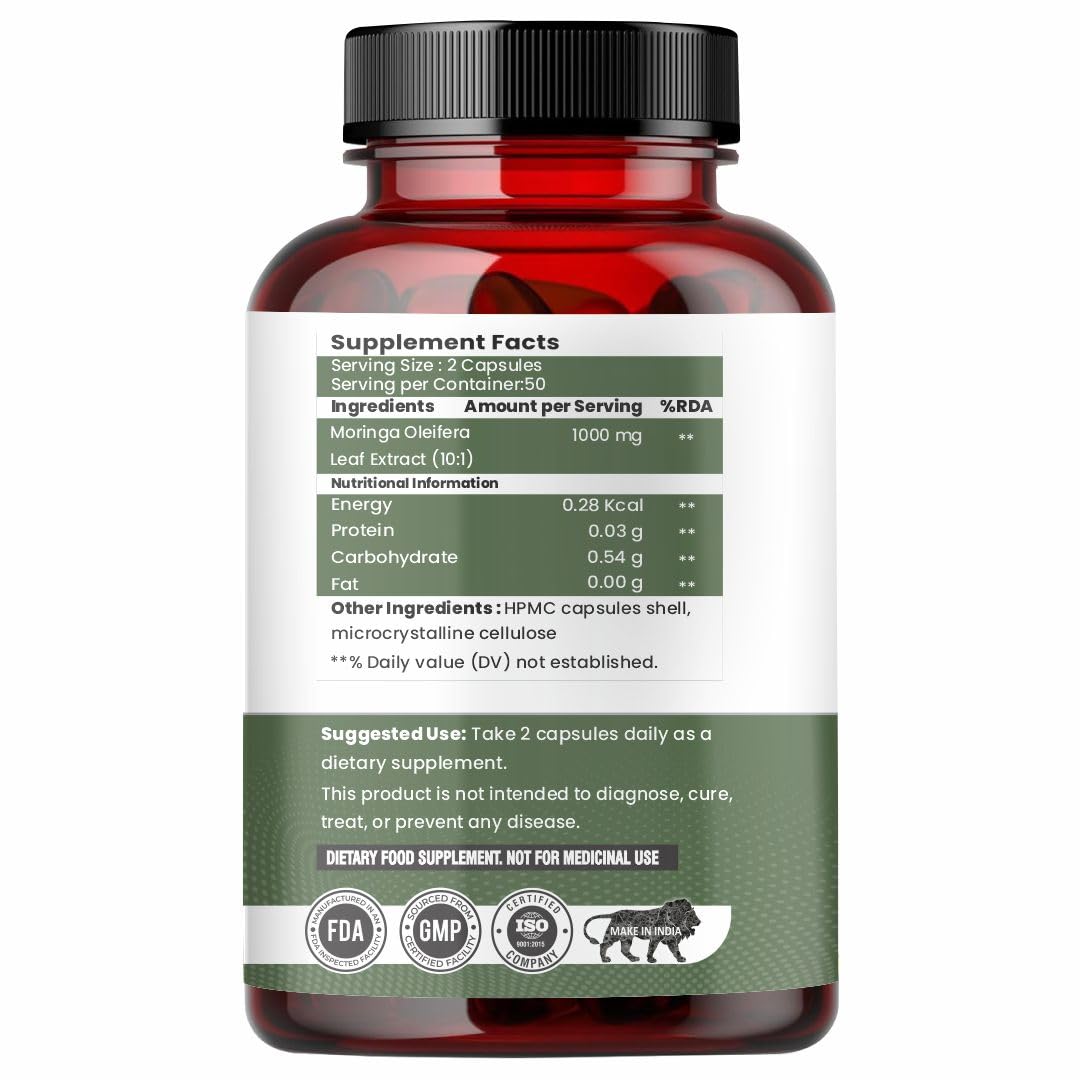 Raskam Moringa Capsules Organic (100 Capsules) 1000mg Green Superfood Moringa Oleifera Leaf Powder Capsules - Immunity & Metabolism Booster Nutritional Rich Supplement