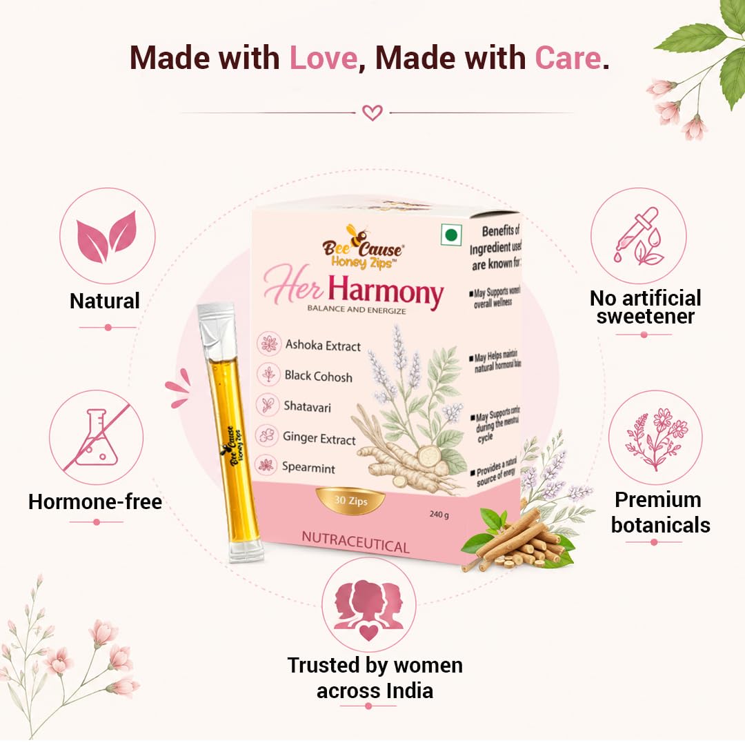 BeeCause HerHarmony Honey Zips for Women | Hormonal Balance Supplement Alternate with Shatavari, Ashoka, Ginger & Black Cohosh | Supports PCOS & Menstrual Wellness | Better Cycle, Ease Pain- 30 Sachets(240g)