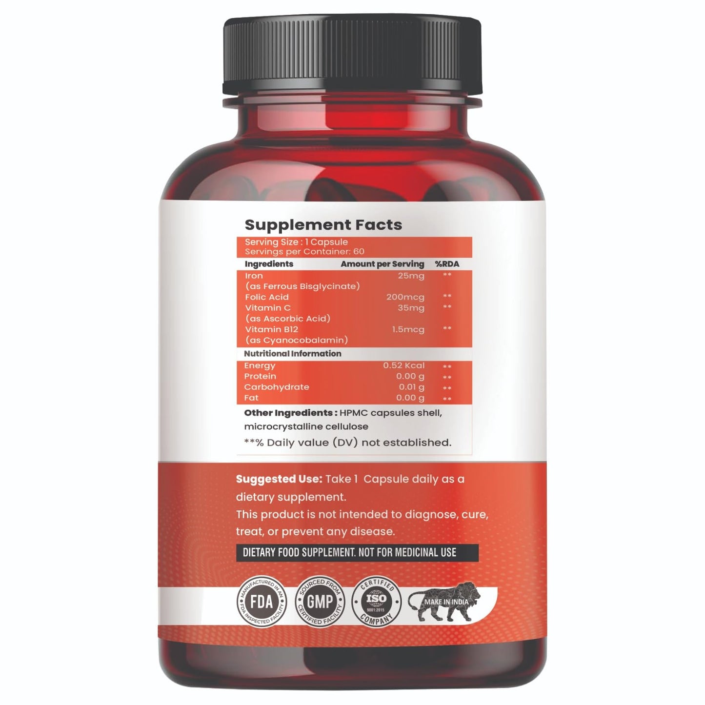 Raskam Iron Supplement with Folic Acid, Vitamin C & Vitamin B12, 60 capsules, Dietary Supplement