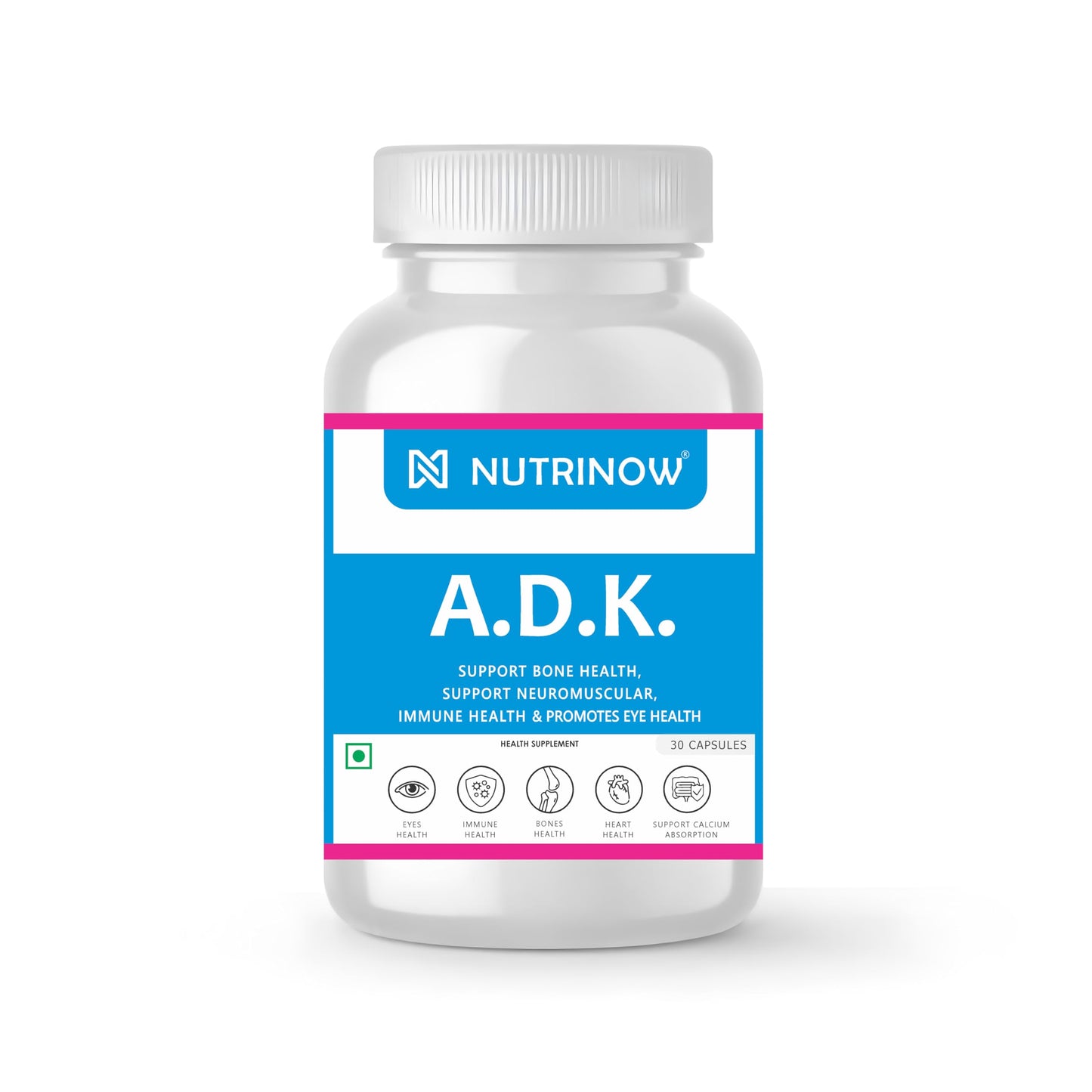 Nutrinow Vitamin ADK Capsules | Vitamin A, Vitamin D3 & Vitamin K2 Supplement for Bone, Eye, Heart & Immune Support | Supports Calcium Absorption & Bone Metabolism | 30 Capsules