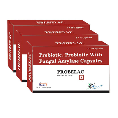Knoll Healthcare Probelac Prebiotic Probiotic Capsules with Lactobacillus Acidophilus & Lactobacillus Rhamnosus | Fungal Amylase | Gut & Digestive Support | 30 Capsules (Pack of 3)