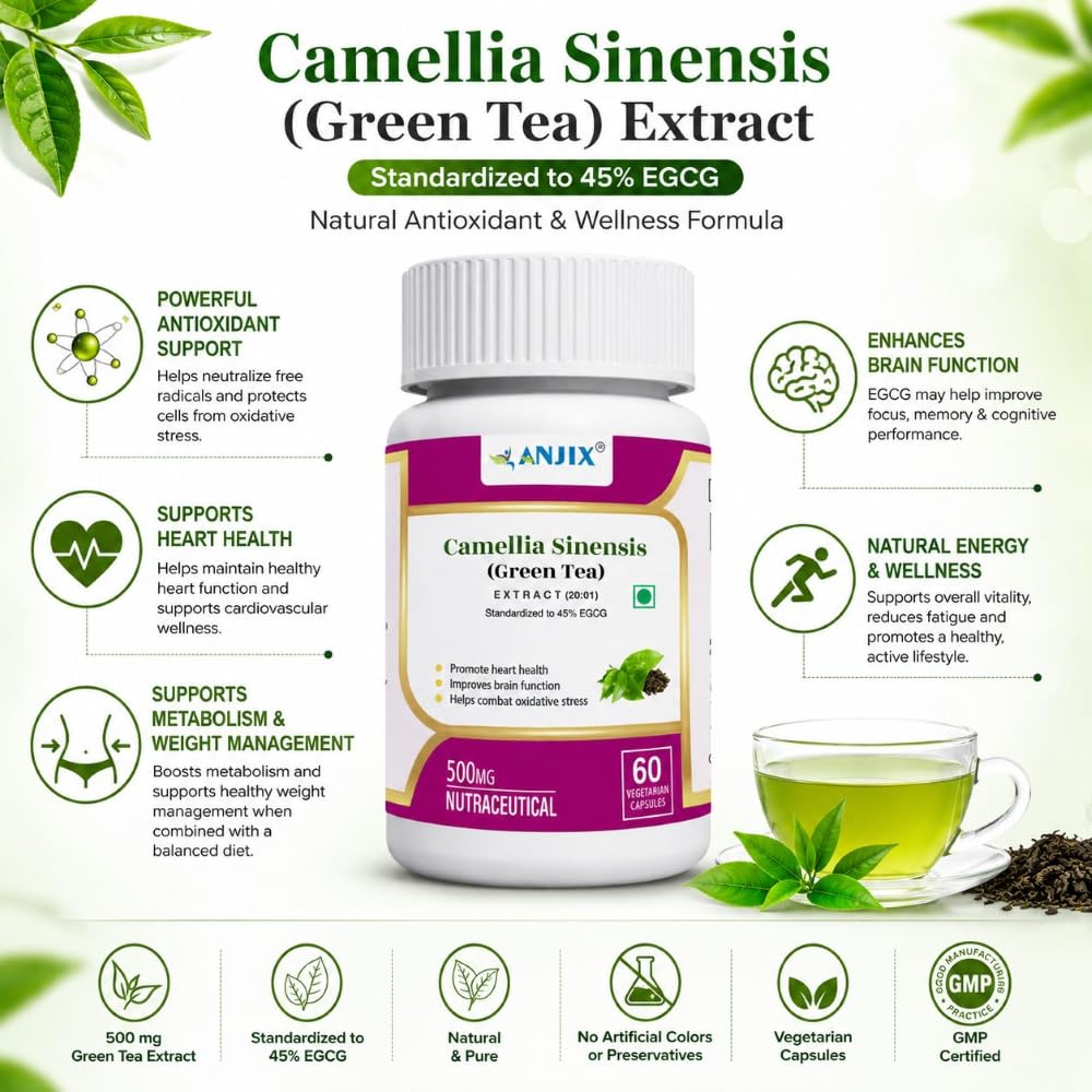 Anjix Green Tea Extract Capsules | Antioxidant & Metabolism Support Supplement | Supports Energy & Wellness | Vegetarian Capsules | 60 Veg Caps