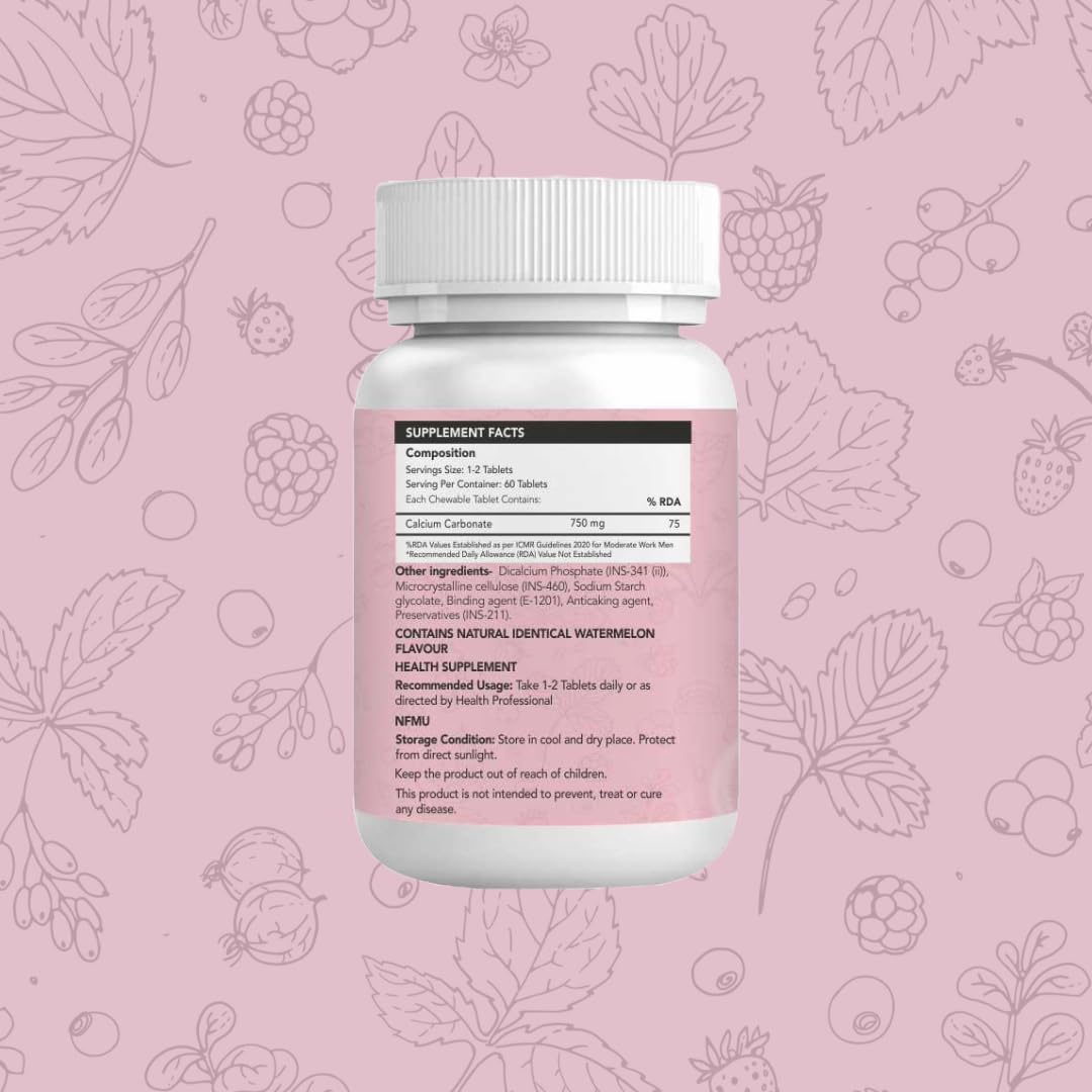 AciChews Watermelon Tablets – Fast Relief for Indigestion & Acidity – Pure Calcium Carbonate – 60 Chewable Tablets – Soothes Stomach Pain in Minutes