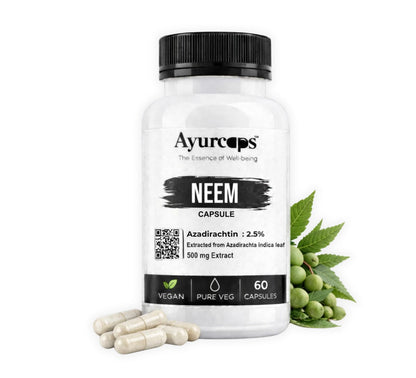 Ayurcaps Neem Supplement 500mg 60 Veg Capsules | Herbal Neem Extract For Skin Wellness, Detox Support And Immune Support | Supports Healthy Skin And Digestive Balance