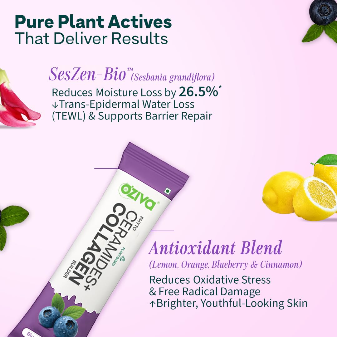 OZiva Phyto Ceramides+ Collagen Builder Supplements | Veg Collagen Powder for Women | Supplement for Skin Hydration, Moisture Retention & Barrier Repair | Blueberry, 30 Sachets