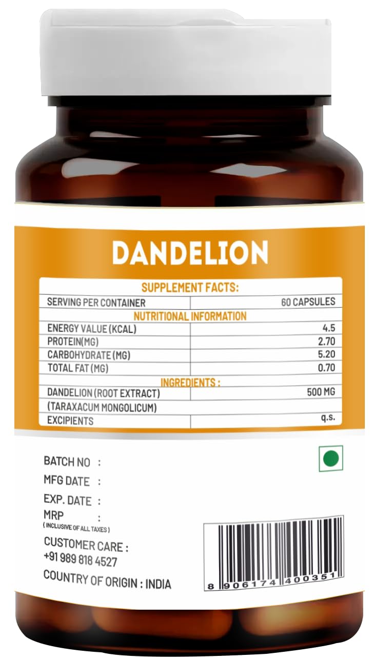 VitaWin Dandelion Capsules 500mg | Herbal Supplement for Daily Wellness, Plant-Based Nutrition & Antioxidant Support | 60 Vegetarian Capsules