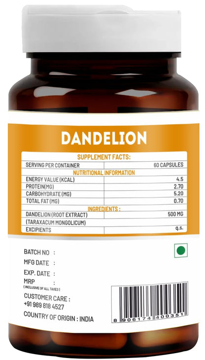 VitaWin Dandelion Capsules 500mg | Herbal Supplement for Daily Wellness, Plant-Based Nutrition & Antioxidant Support | 60 Vegetarian Capsules