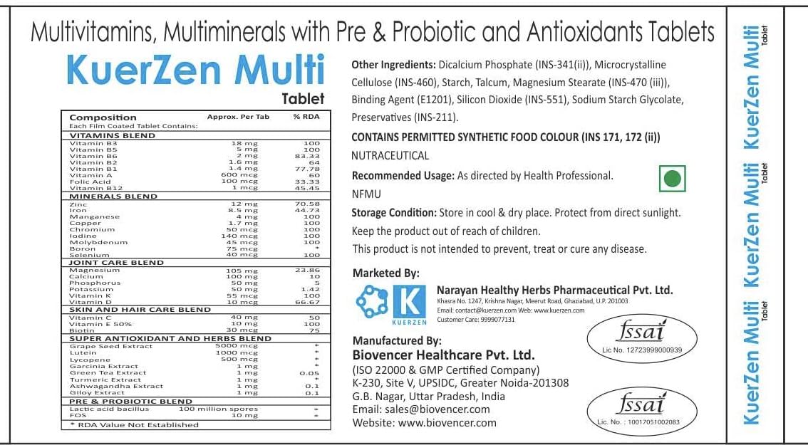 Kuerzen Multi Complete Multivitamin Tablets | Vitamins + Minerals + Pre & Probiotics + Antioxidant & Herb Blend + Joint & Skin-Hair Care | Daily Immunity, Gut Health & Cell Protection | Vegan, No Added Sugar | 10 Tablets
