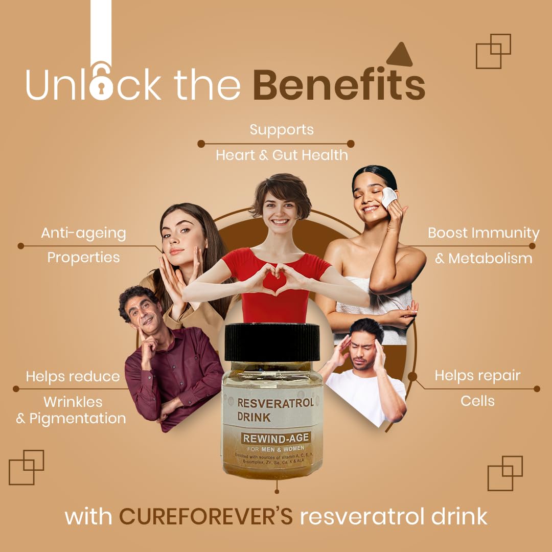 CUREFOREVER Resveratrol Drink - 20 Bottle (30ml each) | Shilajit, Natural Vitamin C, Ashwagandha & Cranberry | Tested Powerful Antioxidant with green tea extract, Anti Aging & Detoxification with aloe vera juice | For Men & Women