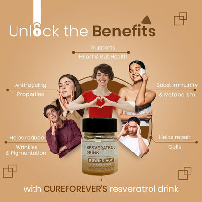 CUREFOREVER Resveratrol Drink - 20 Bottle (30ml each) | Shilajit, Natural Vitamin C, Ashwagandha & Cranberry | Tested Powerful Antioxidant with green tea extract, Anti Aging & Detoxification with aloe vera juice | For Men & Women