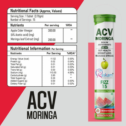 ACV + Moringa 500mg Effervescent Tablets – Watermelon, 15 Tablets, No Added Sugar