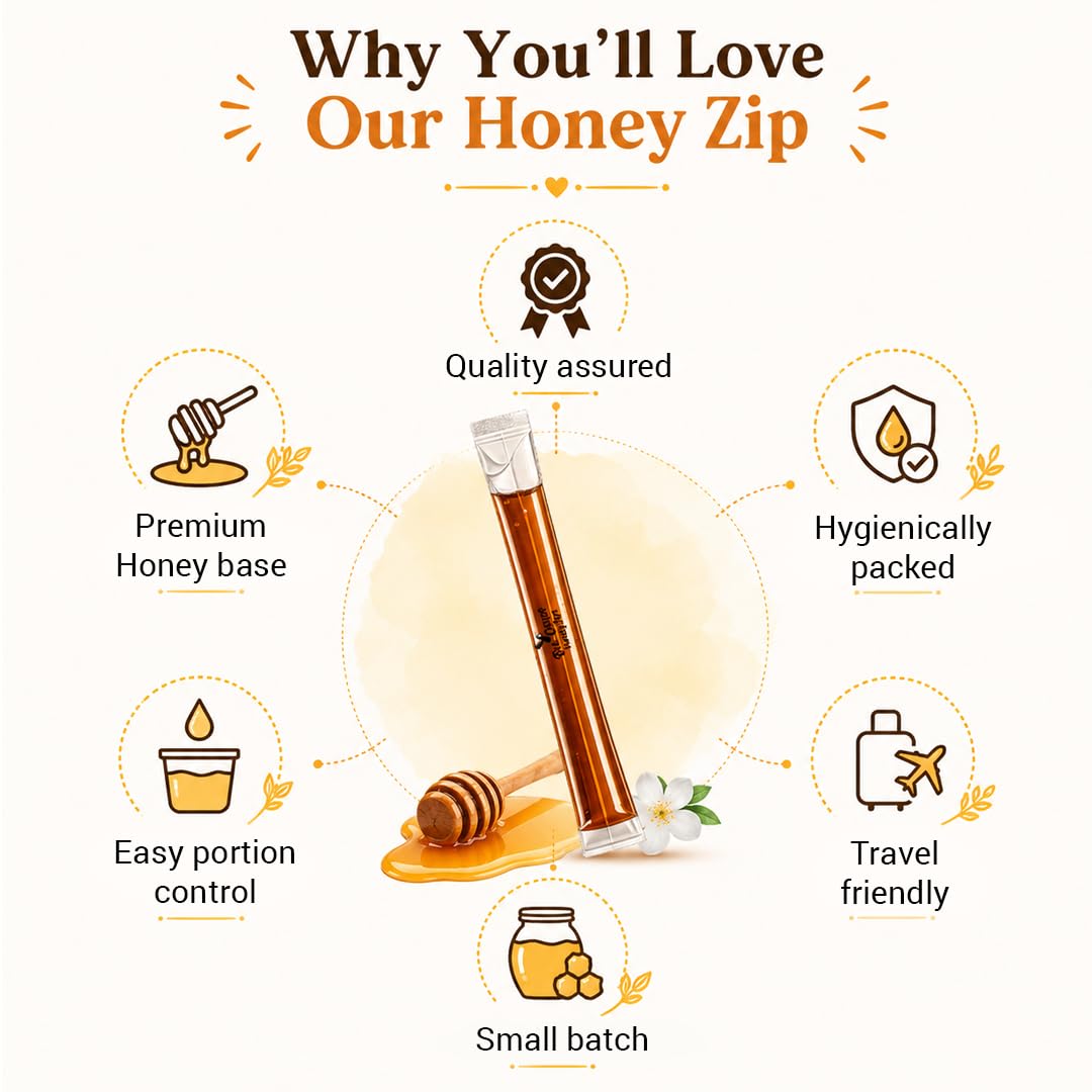 BeeCause Ashwagandha Infused Honey Zips (30 Zips) | Ayurvedic Stress Relief Honey | Ashwagandha Honey Sticks for Relaxation, Focus, Energy, Stamina & Immunity | Travel Friendly | 240g