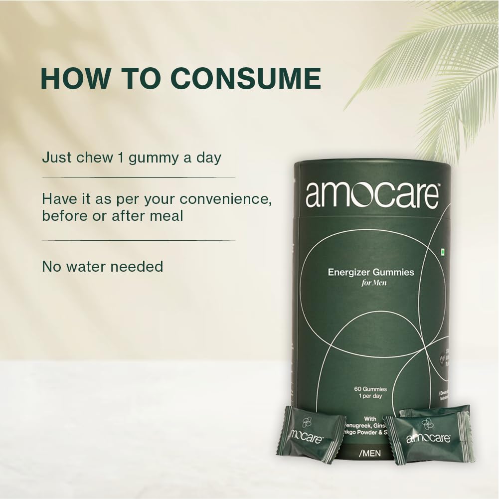 Amocare Energy Gummies for Men | Fenugreek, Ginseng, Ginkgo Powder & Saffron | Improves Energy & Muscle Strength, Promotes Well-Being | Strawberry & Mint Flavour | 60 Gummies - 1 Per Day | Veg
