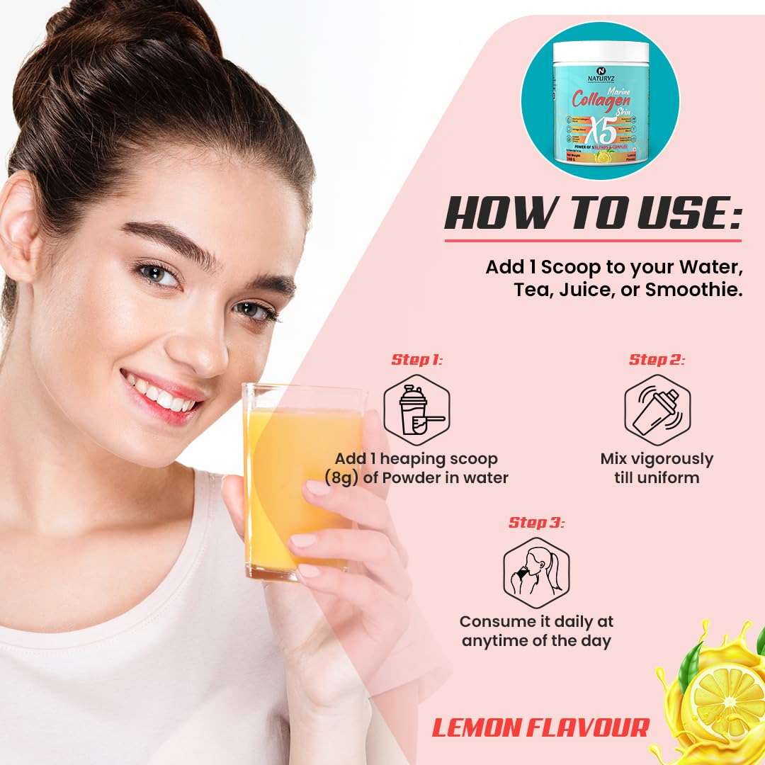 NATURYZ Marine Collagen Skin X5 for Women & Men | Premium Collagen Peptides | Power of 5 Blends | Hyaluronic acid, Biotin & Vitamin E | Supports Skin Radiance, Healthy Hair, Nails, Bone & Joints – 240g(Lemon Flavour)