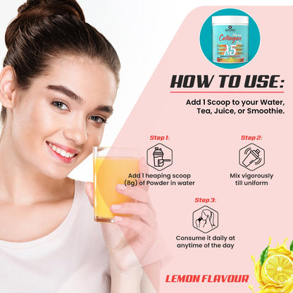 NATURYZ Marine Collagen Skin X5 for Women & Men | Premium Collagen Peptides | Power of 5 Blends | Hyaluronic acid, Biotin & Vitamin E | Supports Skin Radiance, Healthy Hair, Nails, Bone & Joints – 240g(Lemon Flavour)