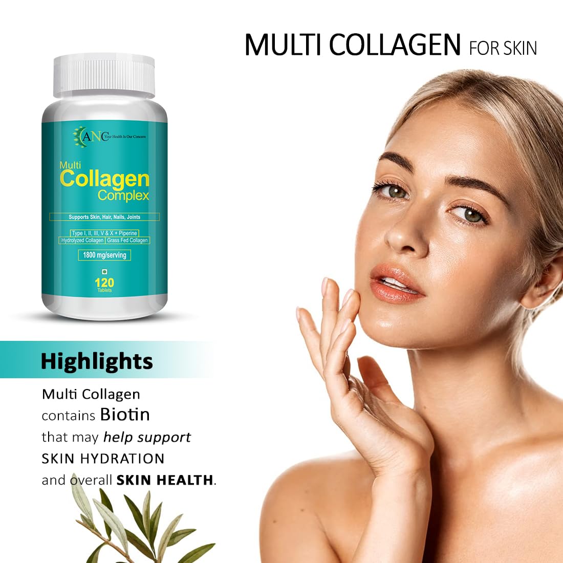 ANC Hydrolyzed Multi Collagen Peptide with all 5 Types of Collagen Including TYPE I, II, III, V & X Supports Skin, Hair, Nails & Joints 120 Tablets