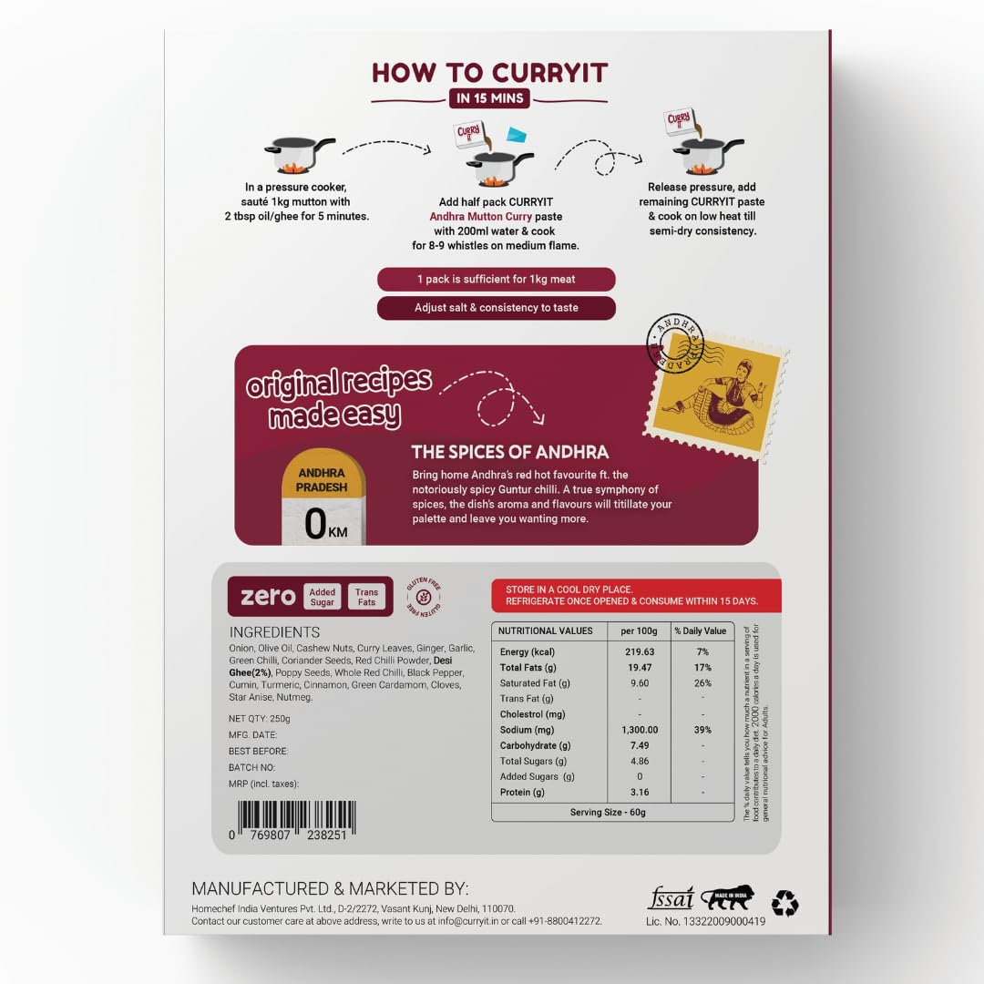 CURRYiT Andhra Mutton Masala Curry Paste 250g | Ready to Cook in 15 mins | Serves 6 | Just add Fresh Chicken, Mutton, Meat, Fish | Made with Ghee | No Preservatives | Eat with Rice | Indian Masala Gravy