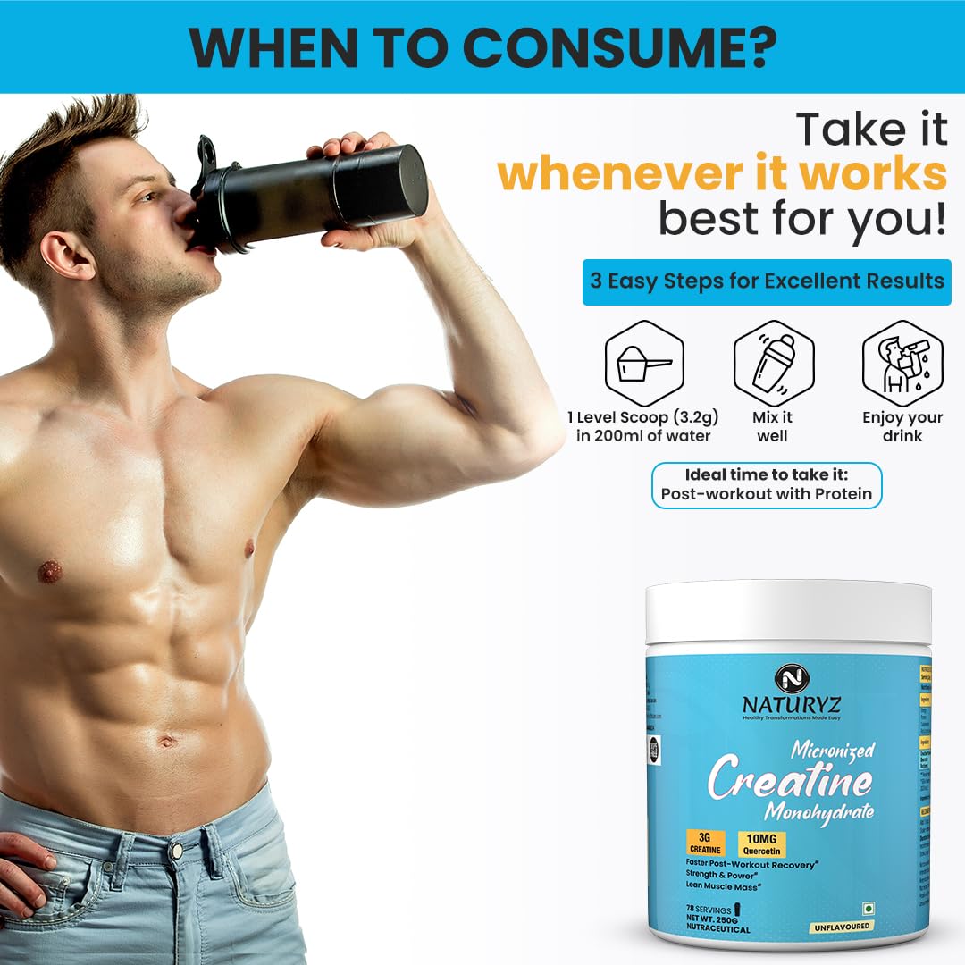 NATURYZ Pure Micronized Creatine Monohydrate | Rapid Absorption | Quercetin | Muscle Strength & Power for Intense Workout | Supports Athletic Performance | Enhances Lean Muscle Volume - 250g(Unflavoured)